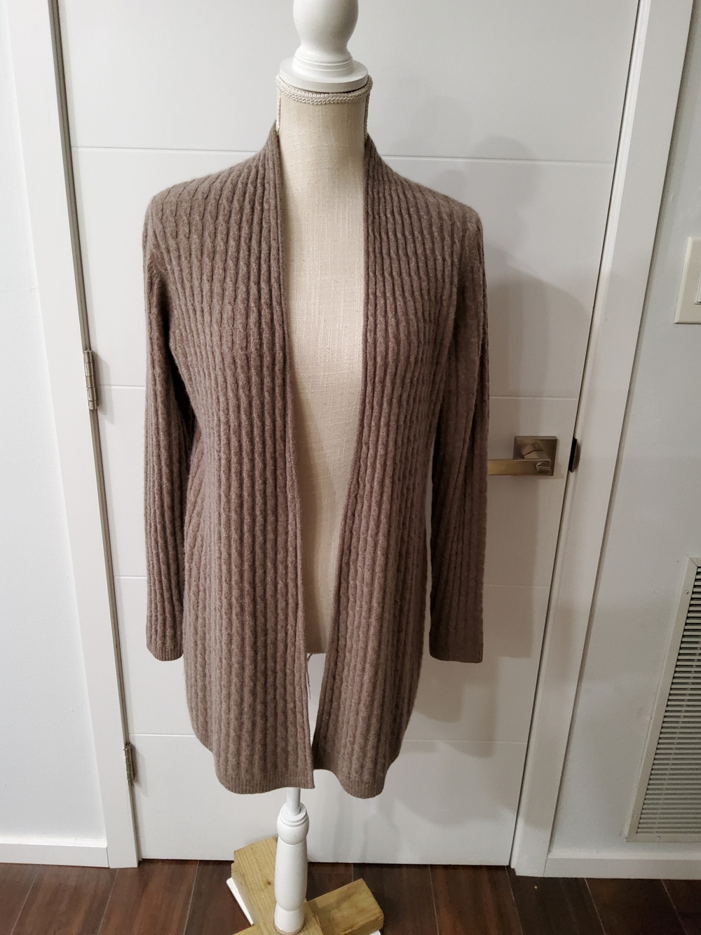 Cashmere Taupe Cable Knit Open-Front Cardigan Size M